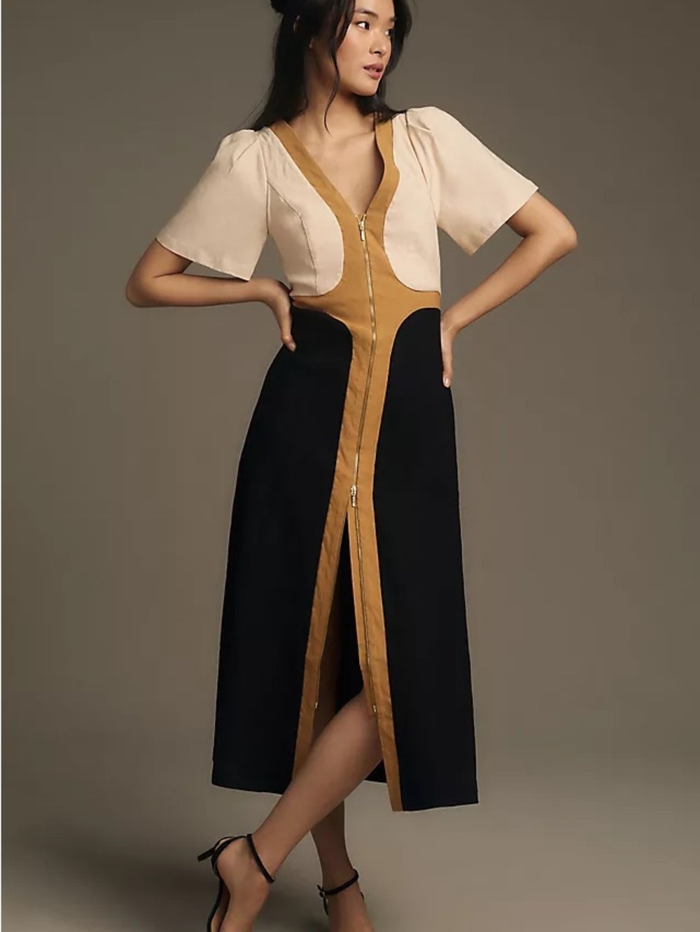 Anthropologie Short-Sleeve V-Neck Zippered Midi Dress Size XSMALL
